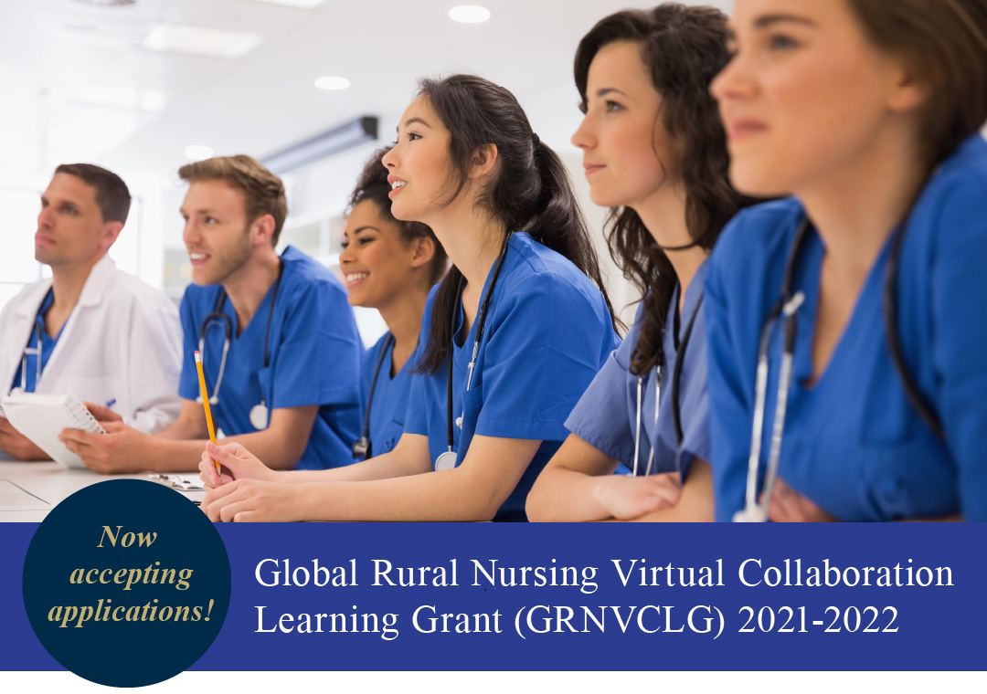 A group of engaged nursing students in a classroom. Image is promoting the opening of applications for the MHCH Global Rural Nursing Virtual Collaboration Learning Grant.